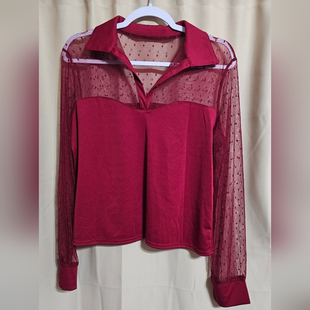 Elegant Burgundy Sheer Sleeve Collared Top